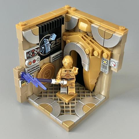 C-3PO minifigure waving a lightsabre around in a corridor - and causing some damage in the process. 