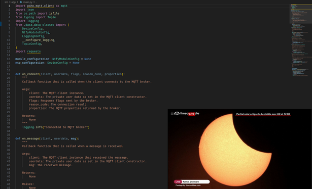 screenshot of VSCode-Insiders while working on python with a video feed in the corner of the current partial eclipse