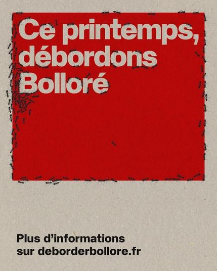 Un montage où l’on voit, sur un fond imitant un papier gris, un
rectangle rouge, sur lequel est écrit en réserve « Ce printemps,
débordons Bolloré ». Des fourmis sont disposées organiquement
autour du texte et du rectangle, comme si elles étaient guidées par
des phéromones.
En bas, on peut lire « Plus d’informations sur deborderbollore.fr ».
Le texte est composé dans le caractère Aalter, un caractère
typographique dessiné pour l’occasion de ce livre.