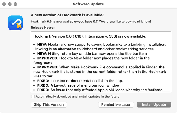 A screenshot of Hookmark's update dialogue containing the release notes for version 6.8