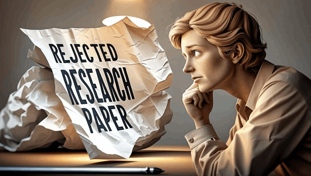 An image of a person sitting at a desk surrounded by research papers, looking thoughtful but determined. The text "Your Research Paper Was Rejected? Don’t Worry—You Weren’t" appears in a motivating, bold font. The atmosphere conveys persistence and a positive outlook despite setbacks.
