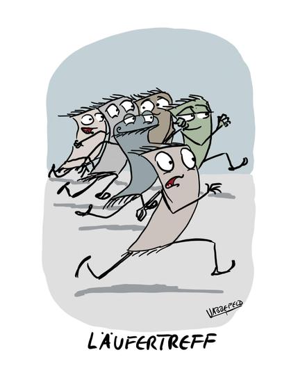 Eine Gruppe von kleinen Teppichen läuft um die Wette. Untertitel: Läufertreff