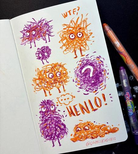 Orange and purple blobs in a sketchbook - loose drawings made with children's oil crayons. Silly, low detail scribbles.