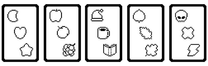 tiny, chubby black and white pixel icons laid out in sets of three in five bordered rectangles. left to right the sets are:
moon, heart, star;
apple, peach, grapes;
hat, mug, book;
birch leaf, oak leaf, fig leaf;
skull, X, lightning bolt
