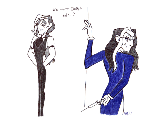 Two versions of Victor Frankenstein. One standing upright with his hands behind his back, smugly looking down and stating, "Who wants Daddy's belt?" The other glancing towards the audience holding a syringe behind his back.