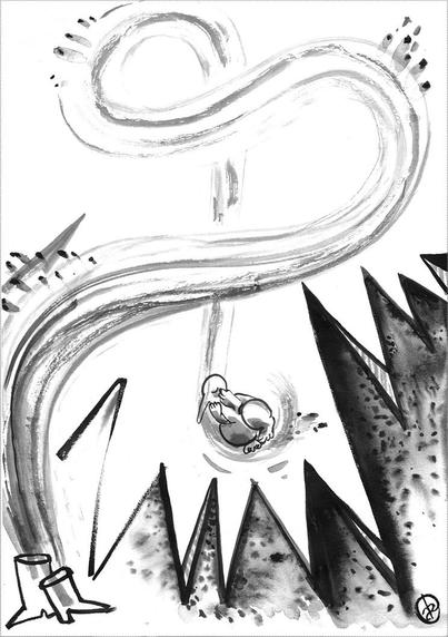 Un petit personnage a long nez tombe, après pas mal de loopings, vers des pics assez pointus. Il se tient en boule, les mains sur le visage et les yeux fermés.