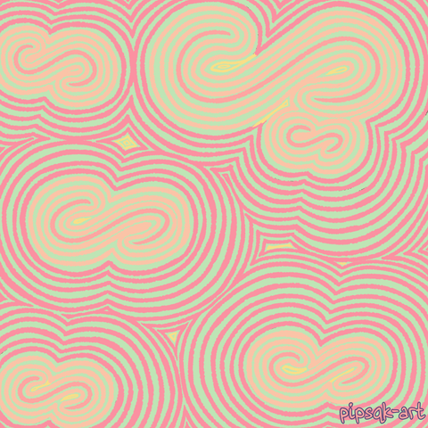 ID: A zen tangle themed after horizontal S shapes, wobbly curved lines seem to emanate from the shapes. This tangle has a spring color palette with pinks, yellows, and greens. End ID.