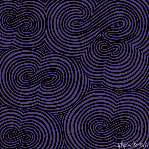 ID: A zen tangle themed after horizontal S shapes, wobbly curved lines seem to emanate from the shapes. This tangle has a purple background with black lines, the monochrome colors create trippy visual illusions. End ID.