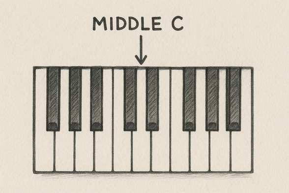 A piano keyboard with the wrong note indicated as middle C.
