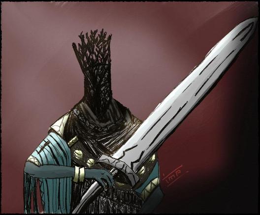 Pontiff Sulyvahn from DarkSouls 3 holding a large sword in one hand as a pencil sketch with some coloration and a burgundy background.