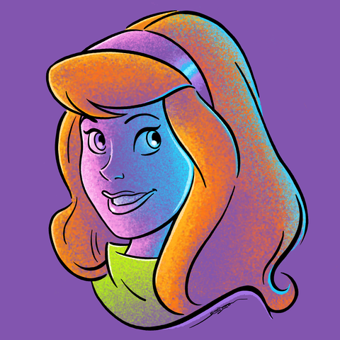 Digital colored pencil portrait of Daphne Blake from the Hanna Barbara cartoon Scooby Doo.