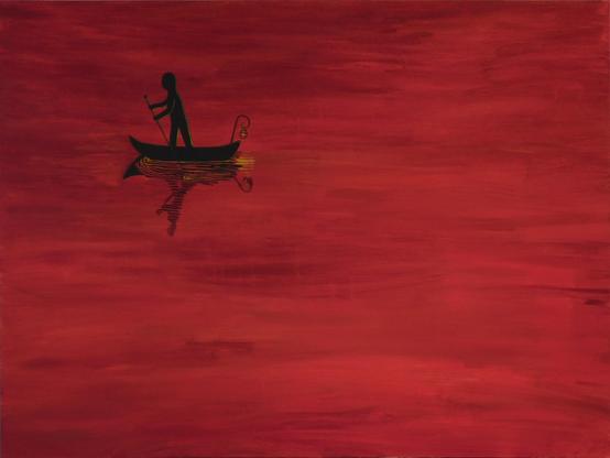 Painting of human figure in small boat poling across sea of red.