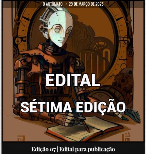 Pôster do edital. Um robô android em estilo retropunk escreve um livro.