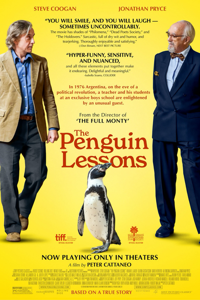 A poster for the movie penguin lessons. Two men in suits are angled towards the camera but look at each other. There is a penguin between them. 