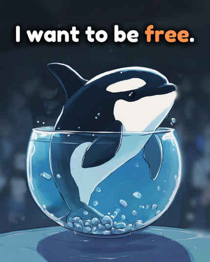 Dibujo de una orca intentando salir de una pecera, y el texto dice: I want to be free.