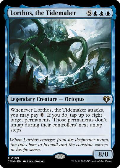 Card Name: Lorthos, the Tidemaker
Set: Commander Masters
Description: Whenever Lorthos attacks, you may pay {8}. If you do, tap up to eight target permanents. Those permanents don't untap during their controllers' next untap steps.
Artist: Kekai Kotaki