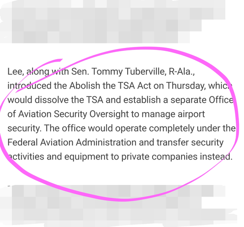 Lee, along with Sen. Tommy Tuberville, R-Ala., introduced the Abolish the TSA Act on Thursday, which would dissolve the TSA and establish a separate Office of Aviation Security Oversight to manage airport security. The office would operate completely under the Federal Aviation Administration and transfer security activities and equipment to private companies instead.