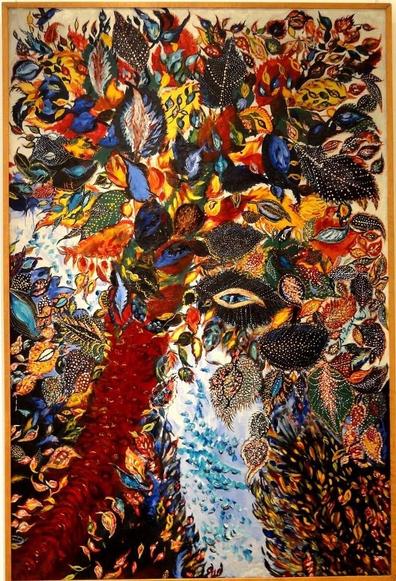 
La pintura es una explosión de color y forma, mostrando una profusión de hojas y flores estilizadas en tonos vibrantes de azul, rojo, amarillo y verde.  Las formas vegetales son densas y se superponen, creando una sensación de exuberancia y movimiento.  Un ojo azul, prominente, se encuentra en el centro de la composición, parcialmente oculto entre las hojas.  Una corriente o sendero de color azul claro fluye verticalmente, dividiendo la pintura en dos secciones. El estilo es expresionista, con pinceladas visibles y una paleta rica y saturada.