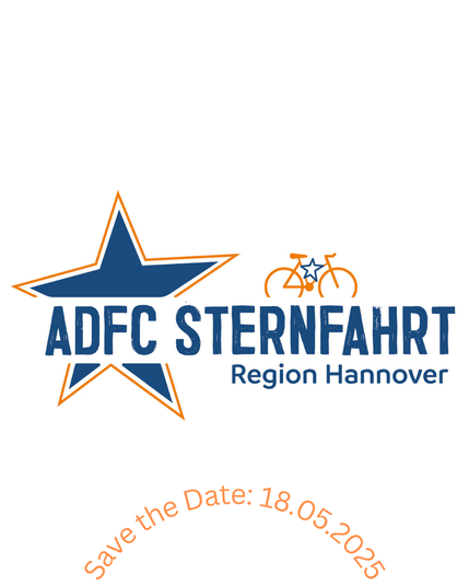 Blauer Stern mit Rand in orange und Schriftzug ADFC STERNFAHRT, darunter Region Hannover, darüber ein Fahrrad in orange mit blauen Stern zwischen Lenker uns Sattel. Schriftzug im Halbbogen ganz unten: Save the Date: 18.05.2025 in orange