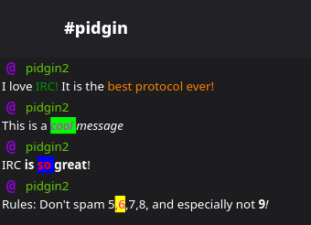 A screenshot showing the message formatting for IRC in Pidgin3 using the formats in the modern IRC spec.