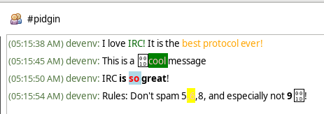A screenshot showing the message formatting for IRC in Pidgin2 using the formats in the modern IRC spec.