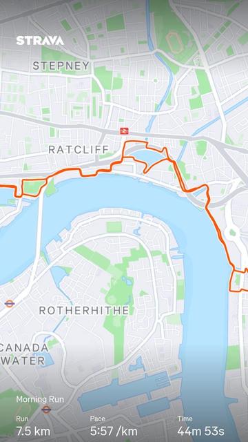 A map of this morning’s run, showing my route parallel to the river Thames