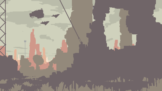 A desert filled with unusually tall rock formations. There are three spaceships flying by: one is a large cargo ship, and the other two are little fighter ships. Scattered across the desert are satellite dishes and radio towers.