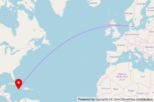 A map showing the great circle route from Nötesjö in Sweden to a map pin at Our Lady of Fatima, Main Street, Ocho Rios, Jamaica
