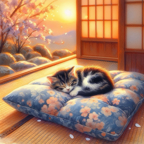 春先における夕暮れの和室の縁側で、藍色の布団の上に丸くなって眠る白黒まだらの子猫。 