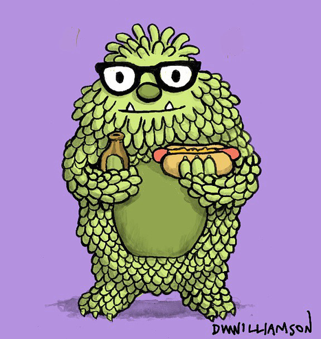 Friendly green monster having a hotdog and beer