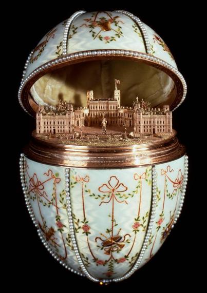 Gatchina Palace Egg by Peter Carl Fabergé and Mikhail Perkhin, 1901 (gold, 'en plein' enamel, silver-gilt, portrait diamonds, rock crystal and seed pearls)