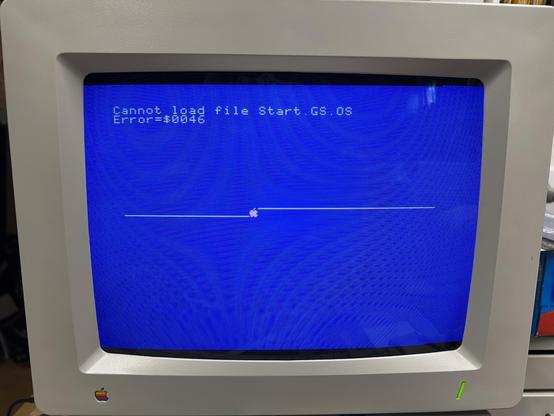 Screenshot of a beige CRT with a blue screen and white text that says "Cannot load file Start.GS.OS Error=$0046"