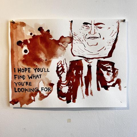 A drawing of a man, made with red ink. He’s wearing an oversized mask, a suit with a tie, and seems eager to give some advice. A text nearby states : I hope that you’ll find what you’re looking for. The background is red lavish.
