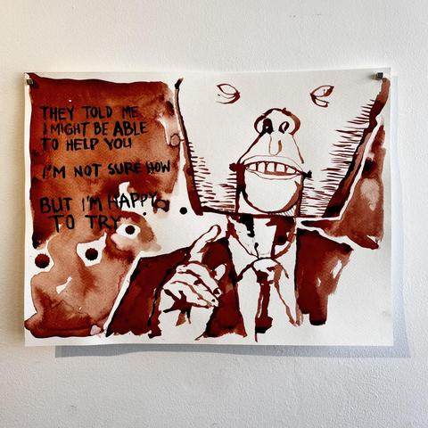 Another drawing of a man, made with red ink. He’s wearing an oversized mask quite ominous, a suit with a tie, his finger pointed. A text nearby states : They told me I might be able to help you, I'm not sure how, but I'm happy to try