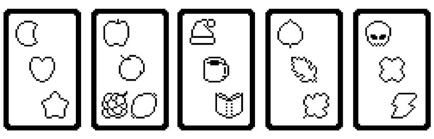 tiny, chubby black and white pixel icons laid out in sets of three in five bordered rectangles. left to right the sets are:
moon, heart, star;
apple, peach, lemon/grapes;
hat, mug, book;
birch leaf, oak leaf, fig leaf;
skull, X, lightning bolt
