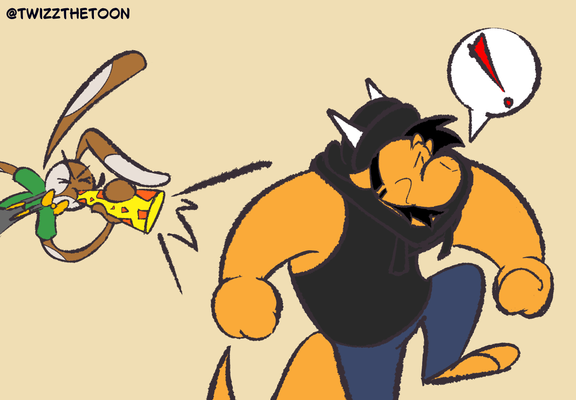 A brown rabbit with cream spots, a green shirt, and gray overalls is blowing a party horn as it surprises an orange dragon wearing a black beanie and short sleeve hoodie with blue pants