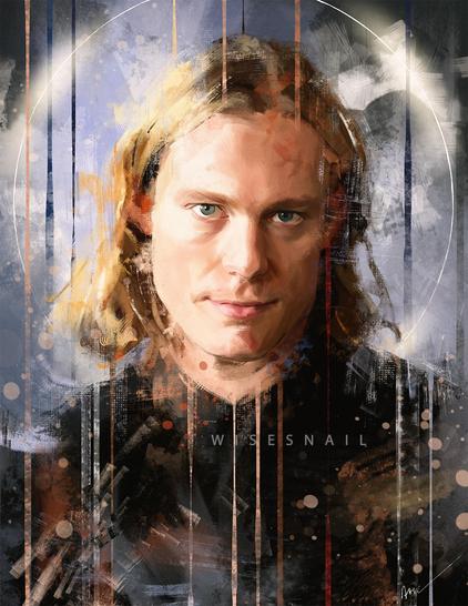 Headshot portrait of Sam Reid as the vampire Lestat. He is subtly smirking, with his head slightly titled to the side. A black halo surrounds his head.
