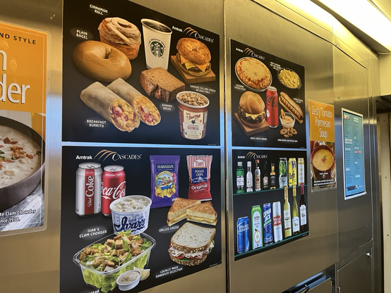 Amtrak cascades train cafe menu showing a variety of food and beverage options. 