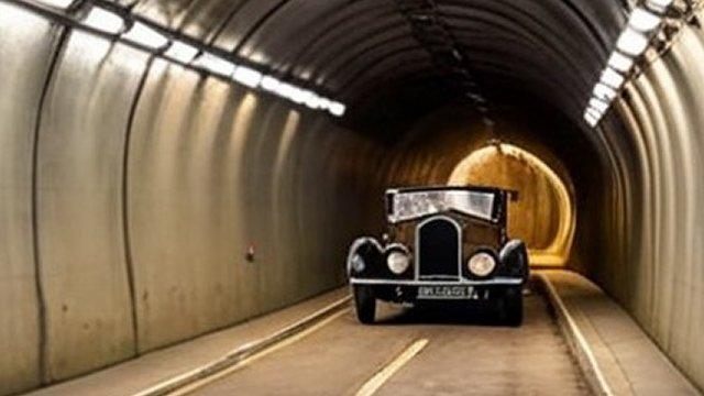 a 1930s vintage car travelling through a narrow road tunnel