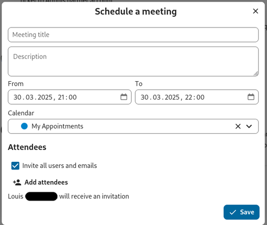 Directly in the Nextcloud Talk chat I can schedule a meeting with the participants and invite additional people. Invitation will automatically send out and contains the link to the correct Talk room.