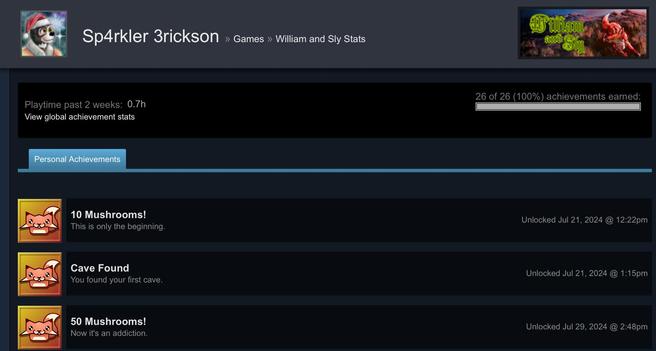 Screenshot of my trophy status for William and Sly in the Steam app for iPad, confirming that I have collected all 26 achievements, having played the game to 100 percent completion. The game is available for PC on Steam.