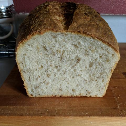 The bread has been sliced, a nice even crumb. It has sunflower seeds in it.