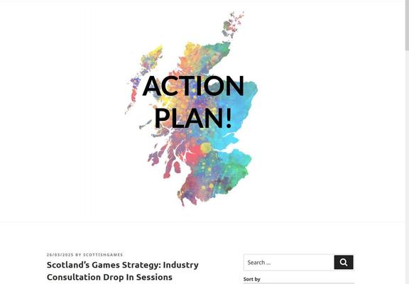 white background, large black text Action Plan! over a oil paint rainbow map of Scotland with text bottom right in black Scotland’s Games Strategy: Industry Consultation Drop In Sessions