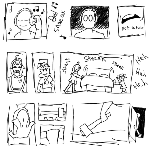 Someone listens to music only to notice a noise. The noise of two characters moving a bed. The person will deal with them.