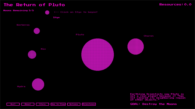 A screenshot of the Planetary Map in an Indie Game called The Return of Pluto. You can see a depiction of Pluto and all five of it's moons, but they are all hot pink and look pixelated and retro.