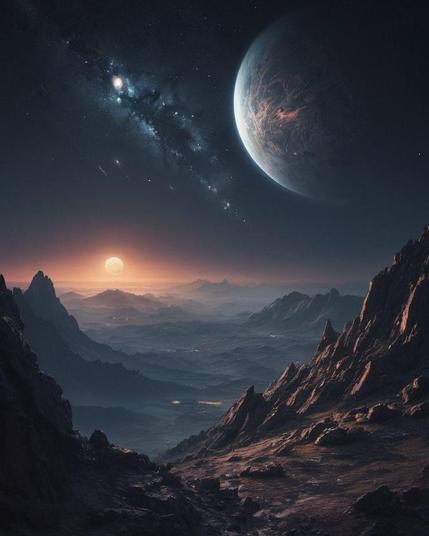 Model: OpenArt SDXL
(heavy oil paint illustration, cinematic lighting, meticulous detail) view from a mountaintop, looking up to the stars at night, with a foreign planet and galaxy