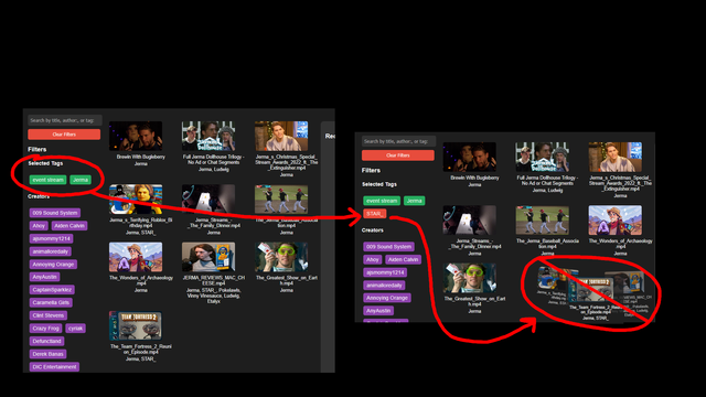 A screenshot showing two versions of the same page. On the left there are search filters set to show videos with the tags "Jerma" and "event streams", and it lists ten videos that have these tags. On the right an extra tag is listed, but in red, reading "STAR_", and now there are only seven videos listed as three of the previous ones had the STAR_ tag, which is now filtered out.
