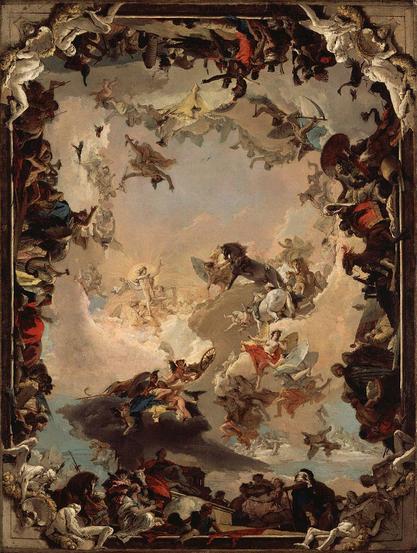 a painting, from a low perspective looing up at the heavens are robed figures, some with wings, a grand and magnificent scene 