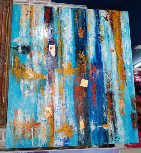 a blue and white and gold with some red abstract painting, the colors falling like rain, some gold leaf square effects in it 
