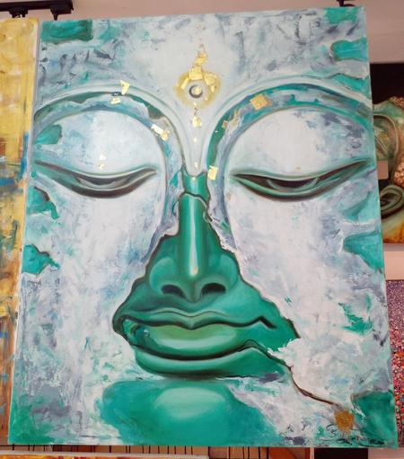 a painting of a face, a veil of mineral-like clouds passing over it, the face is an aqua-metallic color, there is a hoop of gold leaf with a northward point on its forehead 